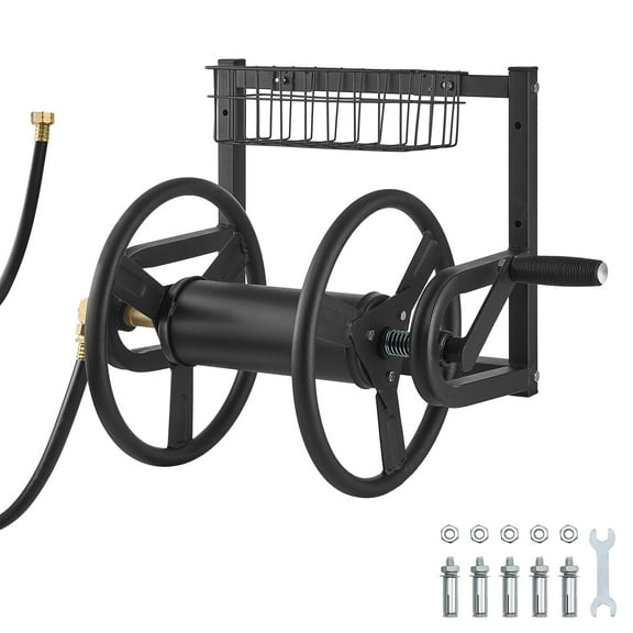 VEVOR Wall Mounted Garden Hose Reel, Holds 125 ft 5/8-inch Hose, Heavy-Duty Water Hose Winder, Space-Saving Design, Outdoor Manual Reel with Brass Fitting and Storage Basket for Yard Lawn