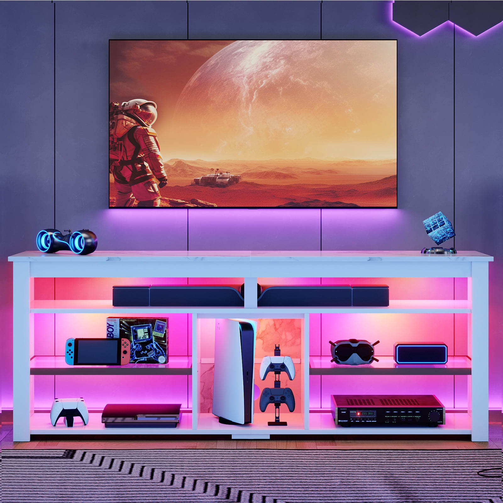 Bestier 63" Tall TV Stand with LED Lights, Entertainment Center for TVs up to 70 inch, TV Console with Storage & Adjustable Shelves in White Marble