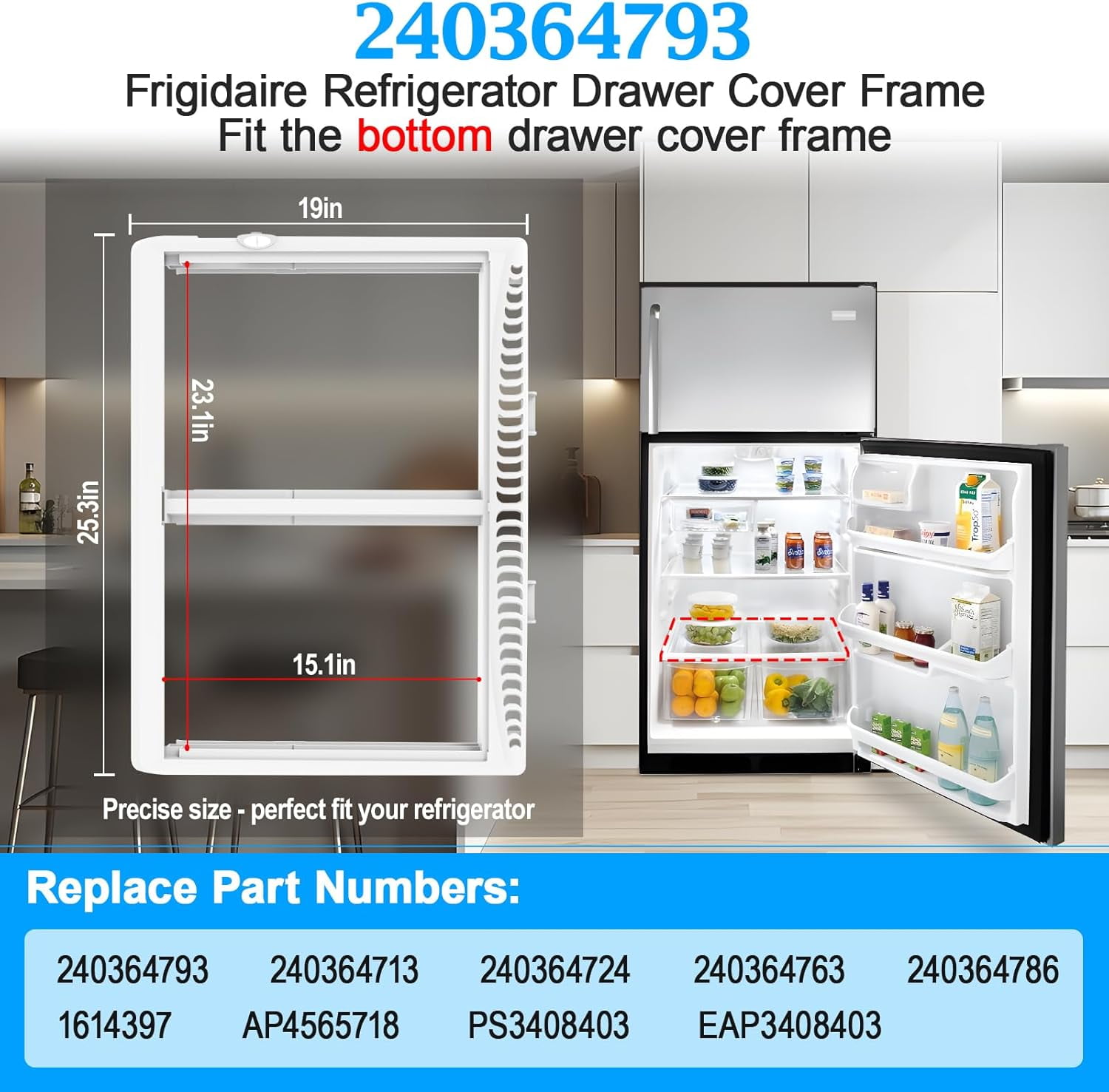 UPGRADED 240364793 Refrigerator Crisper Drawer Cover Frame – Compatible with Frigidaire 240364713, 240364763, 240364786 & More