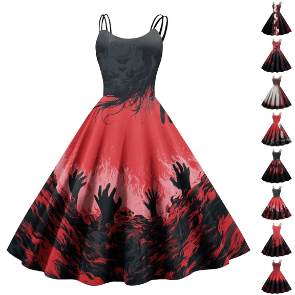Halloween Dress for Women Vintage Medieval Pumpkin Bat Printed Dress Renaissance Ruffle Hem Swing Dress Flowy A Line Casual Dress Cami Tank Crew Neck Midi Dress Wine L