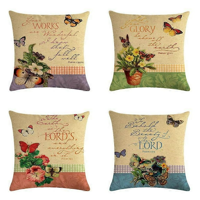 Paquete de 4 fundas de cojín de 45,7 x 45,7 cm, con estampado de flores y mariposas, de algodón y lino, decorativas.