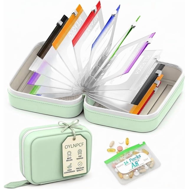 Ensemble de Pochettes à Pilules Imperméables - 14 Pcs Sacs à l'Intérieur de Pochettes Rangement pour Voyage Organisateur A8 7 à 14 Jours de Médicaments Coque Résistante Étui à Médicaments Résistant à l'Écrasement Grand Classeur Réutilisable à Fermeture Éclair (Vert)