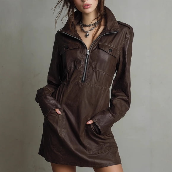 Women Long Sleeve Faux Leather Dress Casual Zipper Stand Collared Party Streetwear Tunic Long Tops Mini Dresses Summer Beach Dresses Coffee XXL