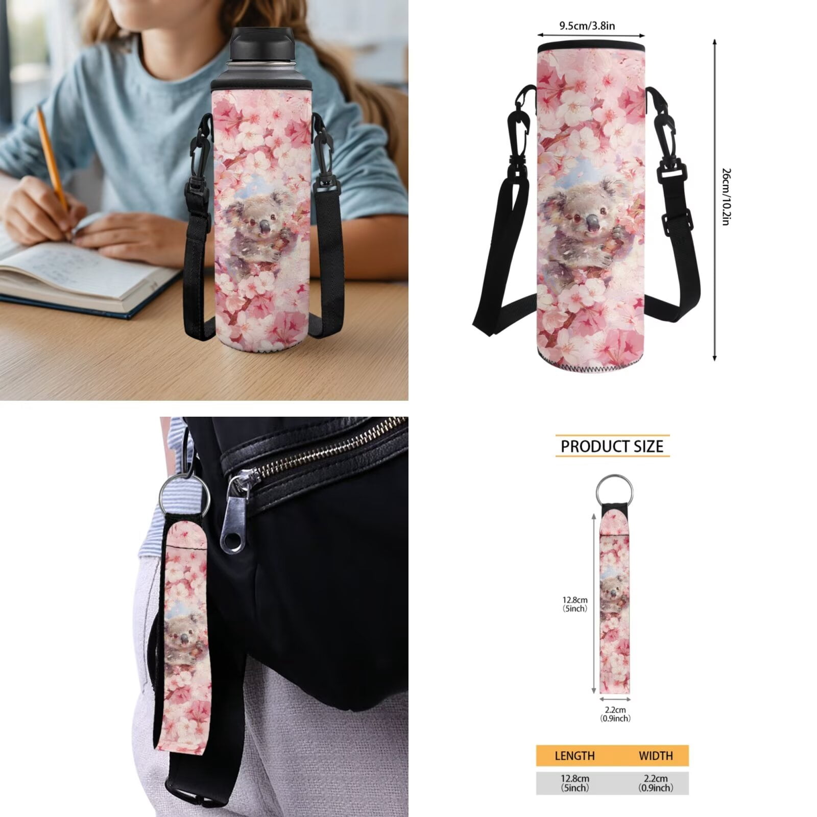 Pzuqiu Cherry Blossom Koala Kids Backpack School Bag Set with Lunch Box Pencil Case Water Bottle Bag 5 Piece Bookbags with Adjustable Shoulder Strap for Girls Teens
