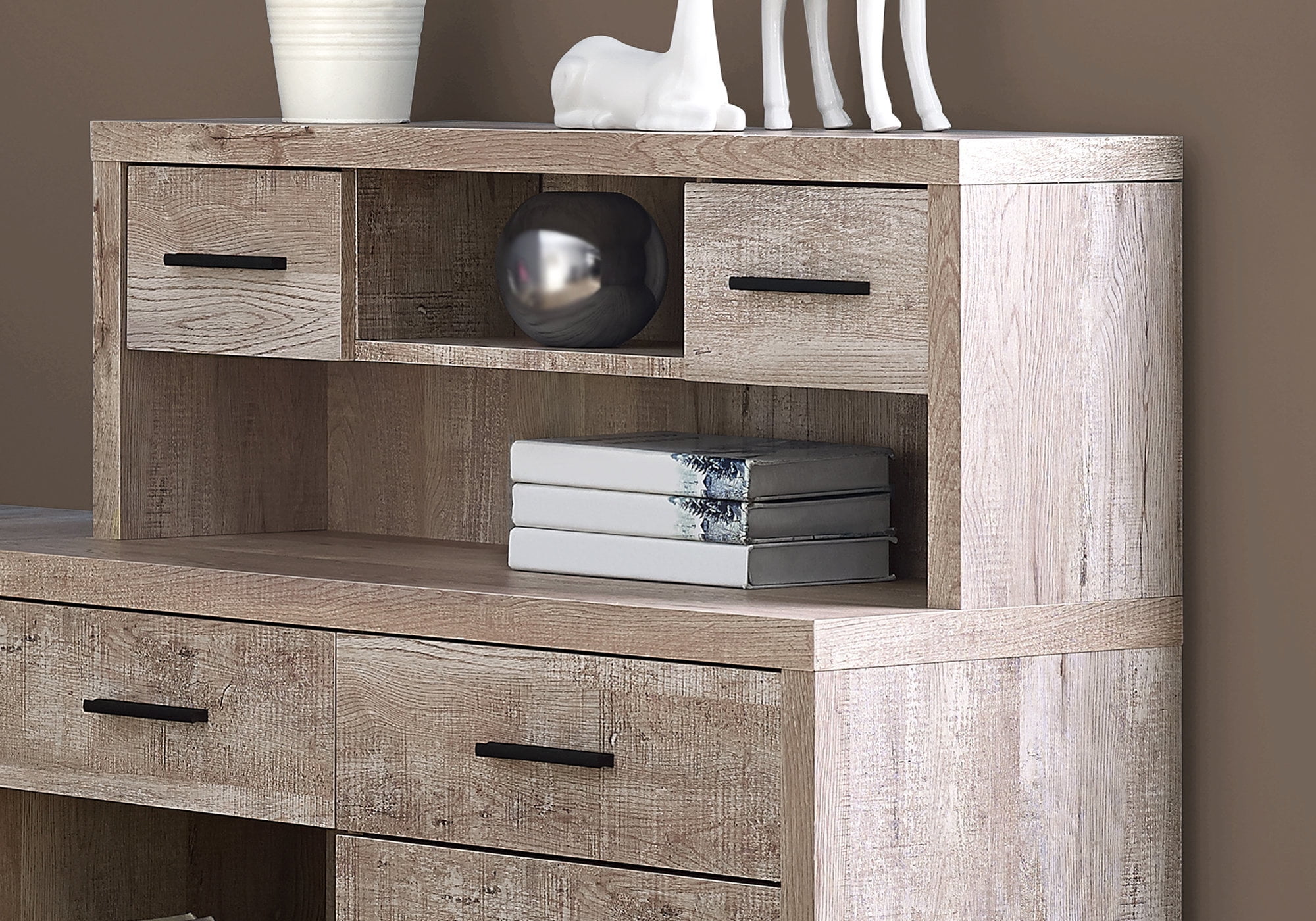 Computer Desk - L-Shaped / Corner / Hutch / 8 Drawers / 3 Cubbies / Reversible - 63"L X 59"W - Taupe Reclaimed Wood-Look
