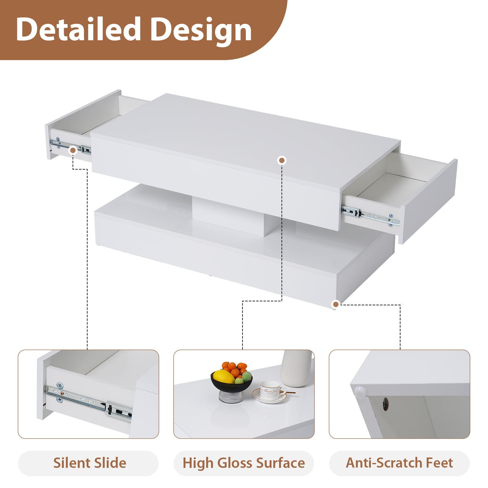 JOIVI High Gloss Coffee Table with 2 Storage Drawers, Modern LED Coffee Table, 2 Tiers Rectangle Center Table, 16-Color LED Lights, White