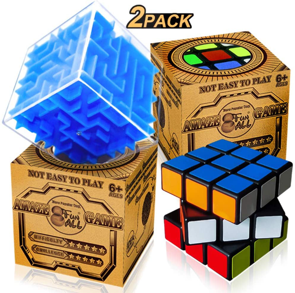 Tcvents 2 Pack Speed Cube and Magic Maze Puzzle Box 3x3 Set Smooth Turning 3D Cubes Mind Puzzle Boxes Toys for Kids Adults Party Favors Brain Teasers
