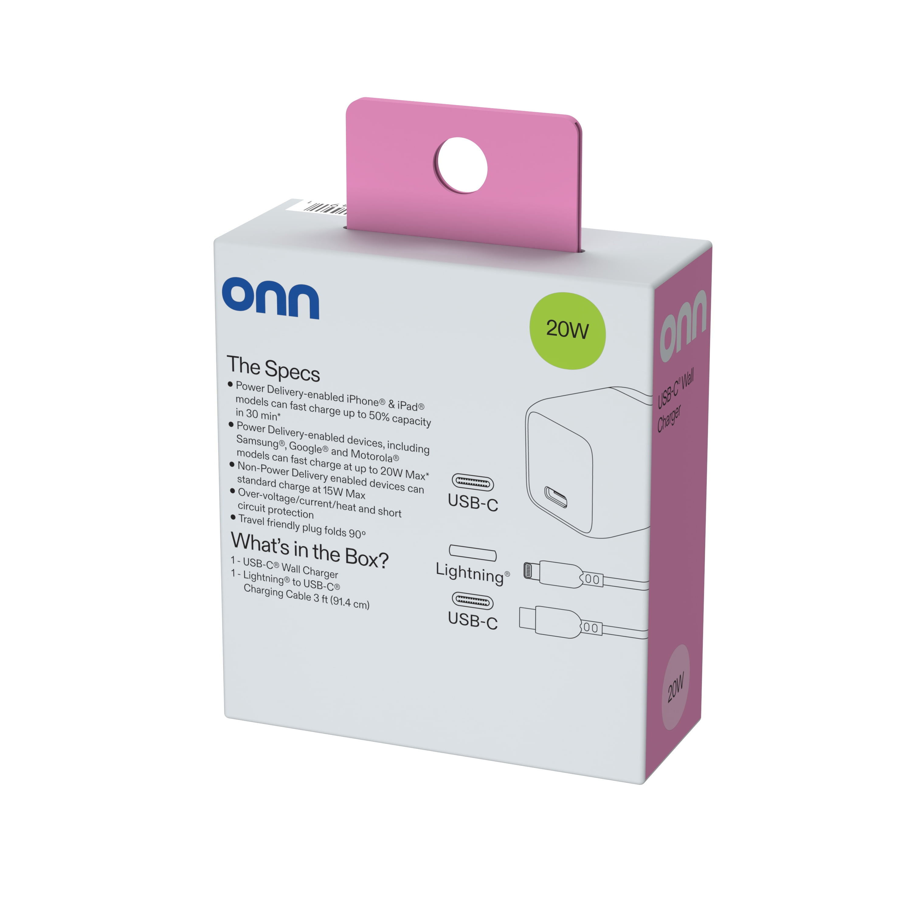 (2 pack) onn 20W Single USB-C Port Wall Charger, Fast Charging, USB-IF Certified, Foldable Plug, White