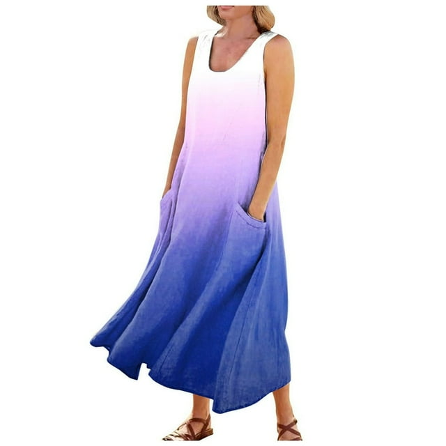 CHOK Robes d'Été Décontractées Femmes Coton Lin à Fleurs Robe Maxi Femme Sans Manches Débardeur Longue Fluide Robe Bohème Robes d'Été Fluides pour Adolescentes avec Poches Gris Foncé 3TG