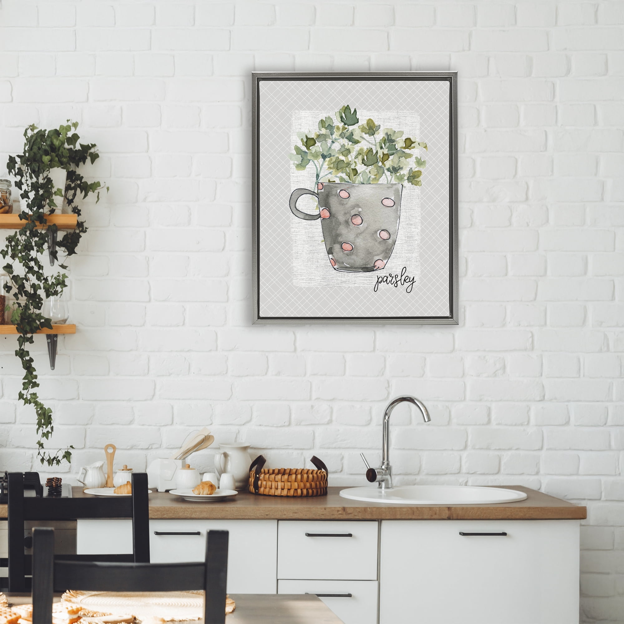 Stupell Industries Parsley Herb Mug Gray Framed Floater Canvas Wall Art, design by Livi Finn