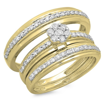 0.75 Carat (ctw) 10K Gold Round Cut Diamond Men & Women's Engagement Ring Trio Bridal Set 3/4 CT