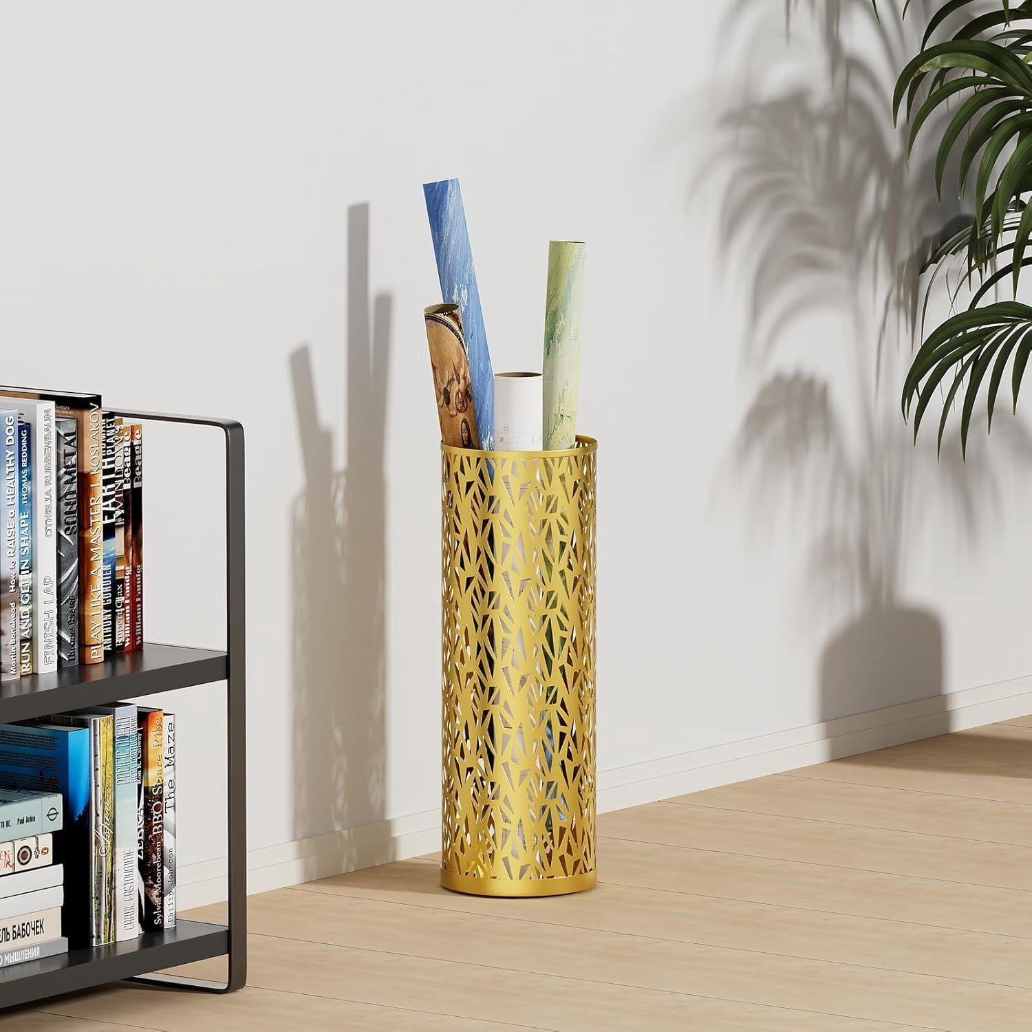 Metal Round Umbrella Stand Rack,Free Standing Umbrella Holder Bin, Canes Walking Sticks Holder for Entryway, Home, Office,Gold