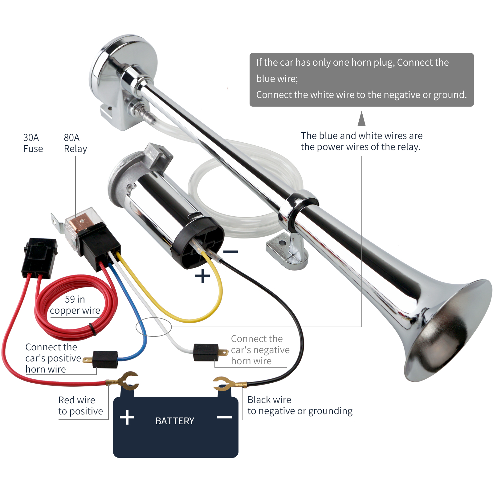 FARBIN 12V 150db Air Horn Kit, Super Loud 18 inches Chrome Zinc Single Trumpet  Truck Air Horn with Compressor and Wire Harness for Any 12V Vehicles 