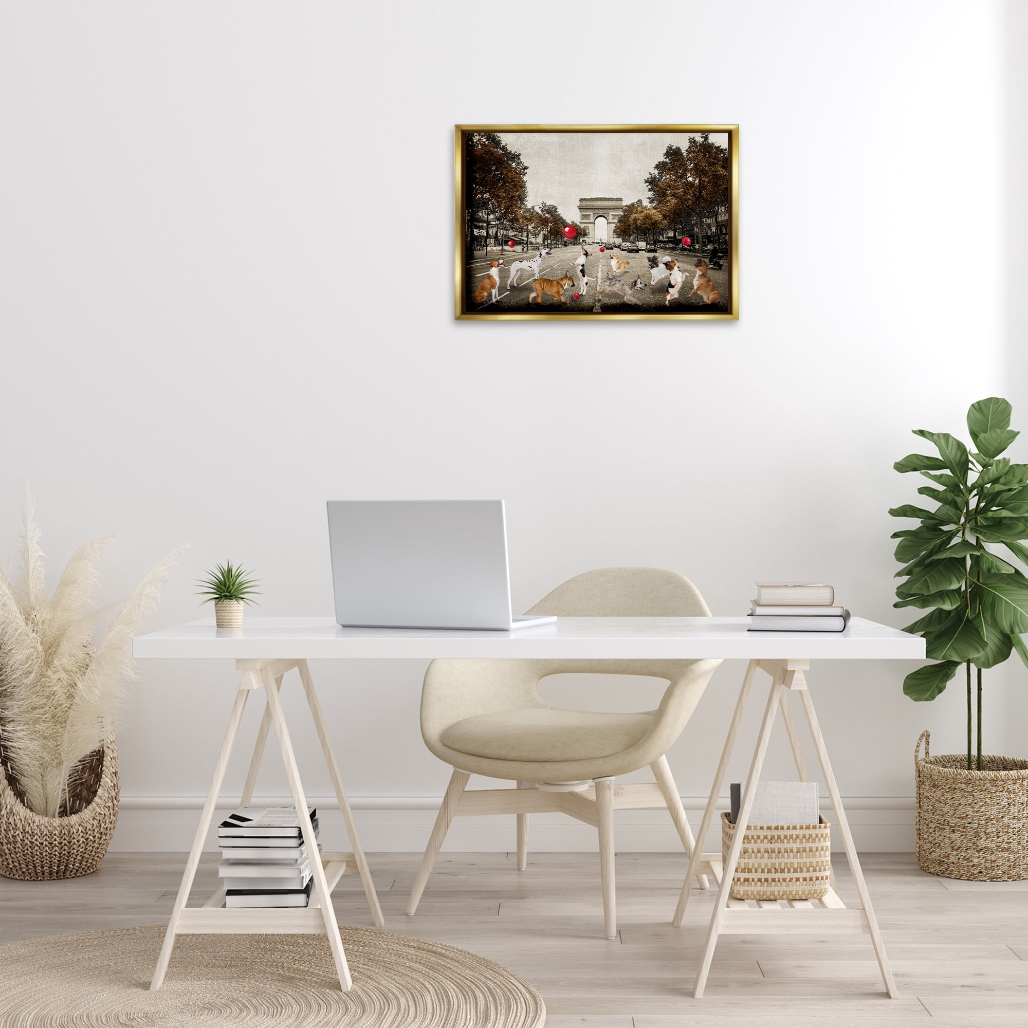 Stupell Industries Dogs Playing Among Architecture Animals & Insects Painting Gold Floater Framed Canvas Art Print Wall Art, 25 x 17