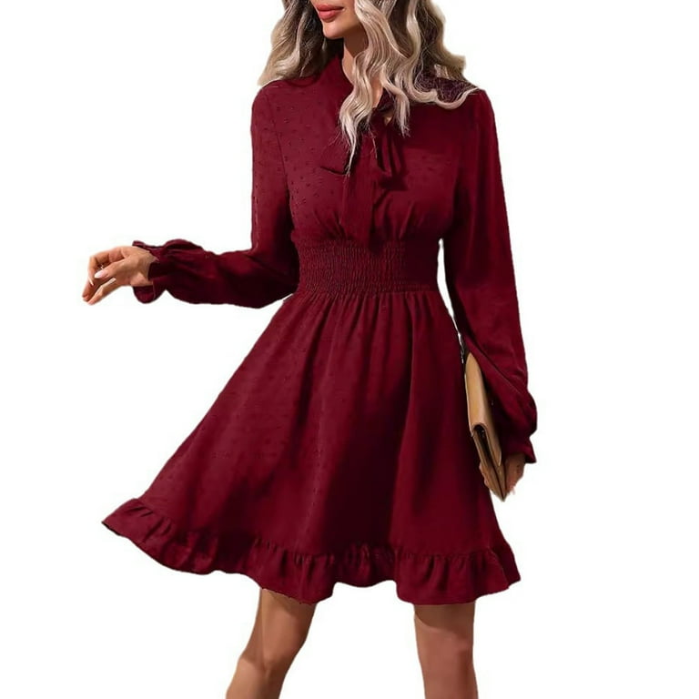 OJSFQUFP Conservative Dress Red Spring and Summer 2024 Europe and The United States Women s Waist Solid Color Bow Tie Long Sleeved Dress M