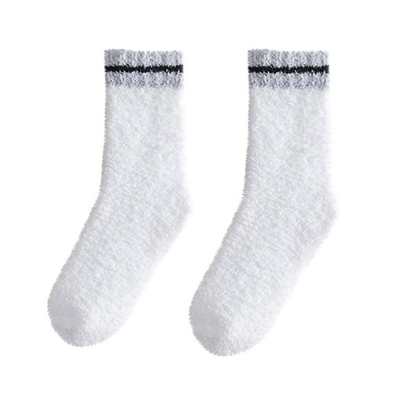 Xfvqtps Womens Fuzzy Socks Coral Fleece Mid Tube Simplicity Stripe Thickened Comfortable Soft Cozy Indoor Sleep Warm Winter Fluffy Socks White