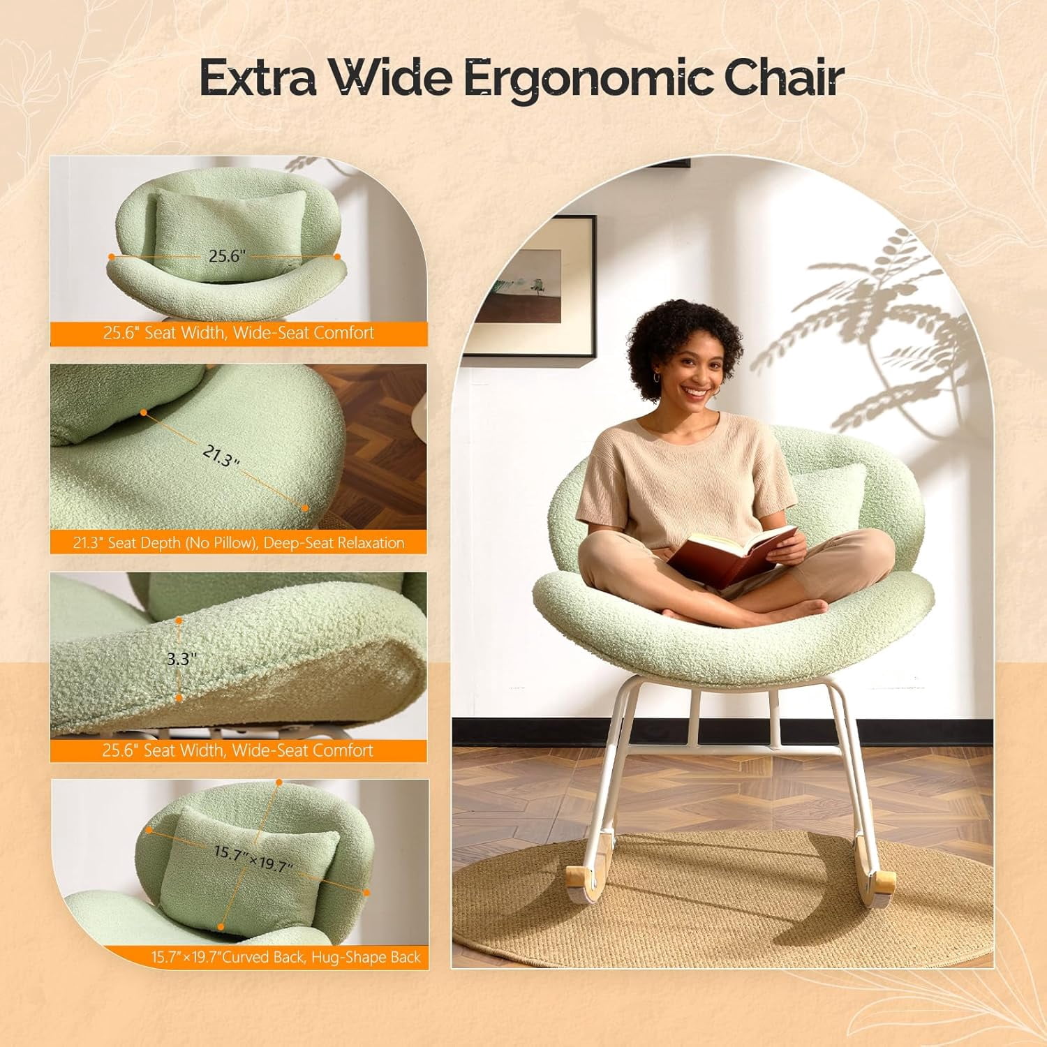 WLTER 25.6" Extra Wide Criss Cross Nursery Rocking Chair,Cute Curved 115° Reclining Armless Glider,Teddy Small Rocker w/Pillow & Solid Wood for Indoor,Bedroom, Living Room,Teddy Fleece,Seafoam Green