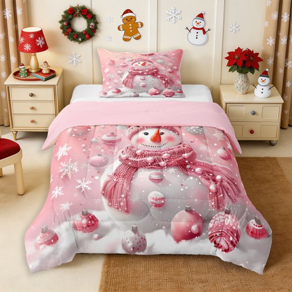 Erosebridal Snowman Pink Twin Comforter Sets 2pcs,Dreamy Winter Bedding Set,Pink,Reversible,1 Comforter and 1 Pillowcase