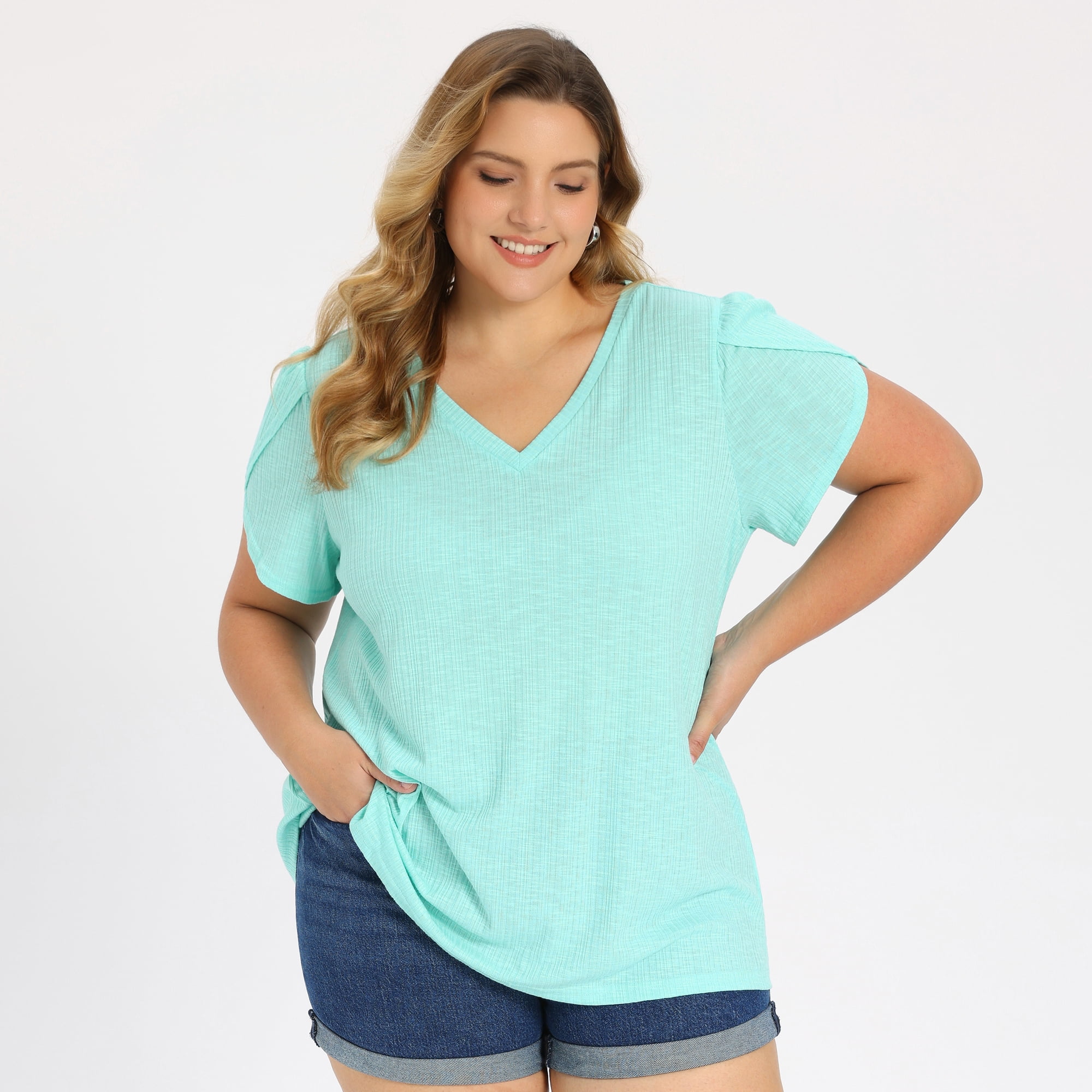 DARING DIVA Women's Plus Tulip Sleeve V Neck T Shirts Basic Blouses 2X Mint Green