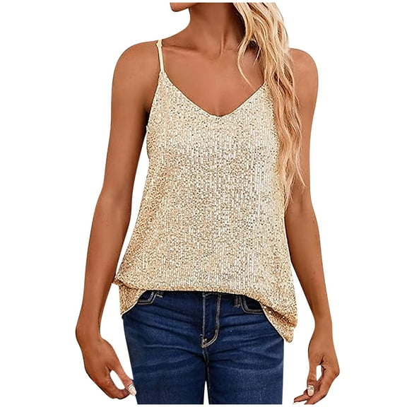 AherBiu Sequin Tank Tops for Women Spaghetti Strap V Neck Sleeveless Clubwear Sparkly Cami T Shirts