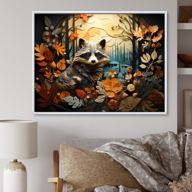 Designart Raccoon Animal framed wall art, Curious Raccoon composition I , Raccoon framed wall art decor, Multi-Color Modern White Framed Wall Art, 20x12 inches White Color Frame