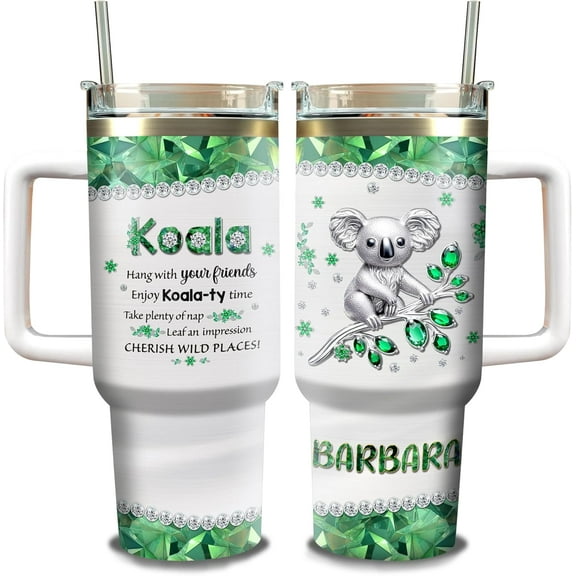 Personalized Koala Bear Tumbler Cute Custom Name Tumblers 40oz with Handle and Straw Stainless Steel Insulated Novelty Jewelry Style Gifts For Girls Animal Lover Women