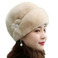 thumbnail image 2 of Eosunjian Winter Ladies Hat Elastic Fit Plush Imitation Mink Velvet Windproof Solid Color with Floral Beret Women Supplies Khaki, 2 of 13