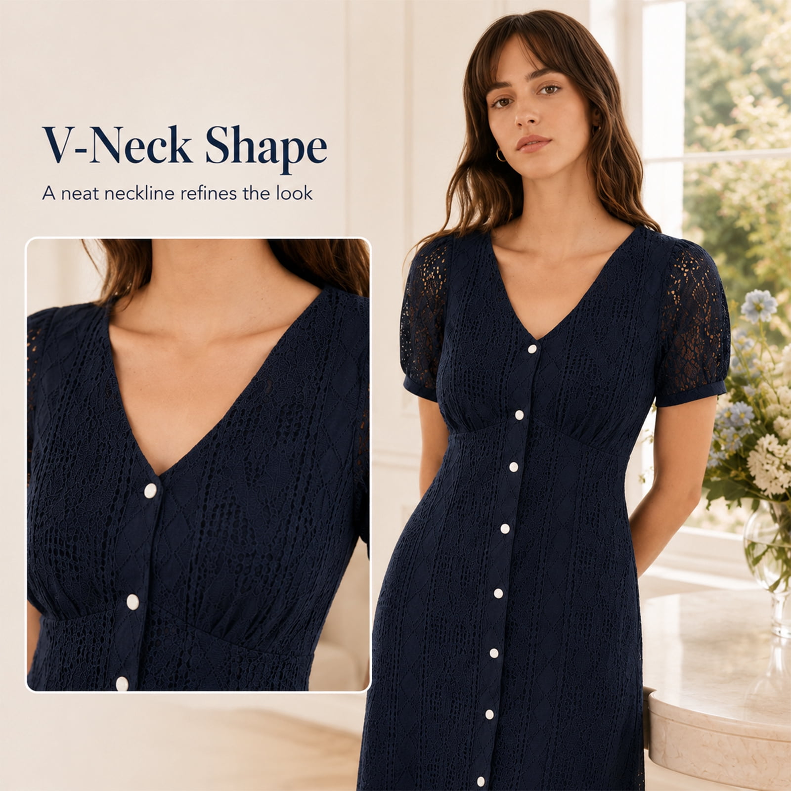 Alvantor Women's Navy Lace Maxi Dress with V-Neck, Short Puff Sleeves and Button Front