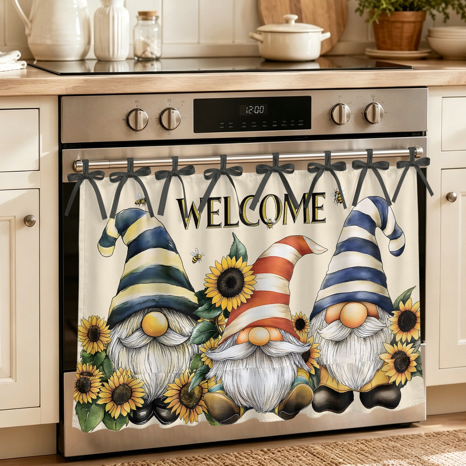 Oven Curtain for Kitchen Retro Summer Sunflower Dwarf Bee Stove Curtain With Ruffled Trim Dishwasher Curtains Blue Red Striped Hat Oven Skirt 30 x21.5