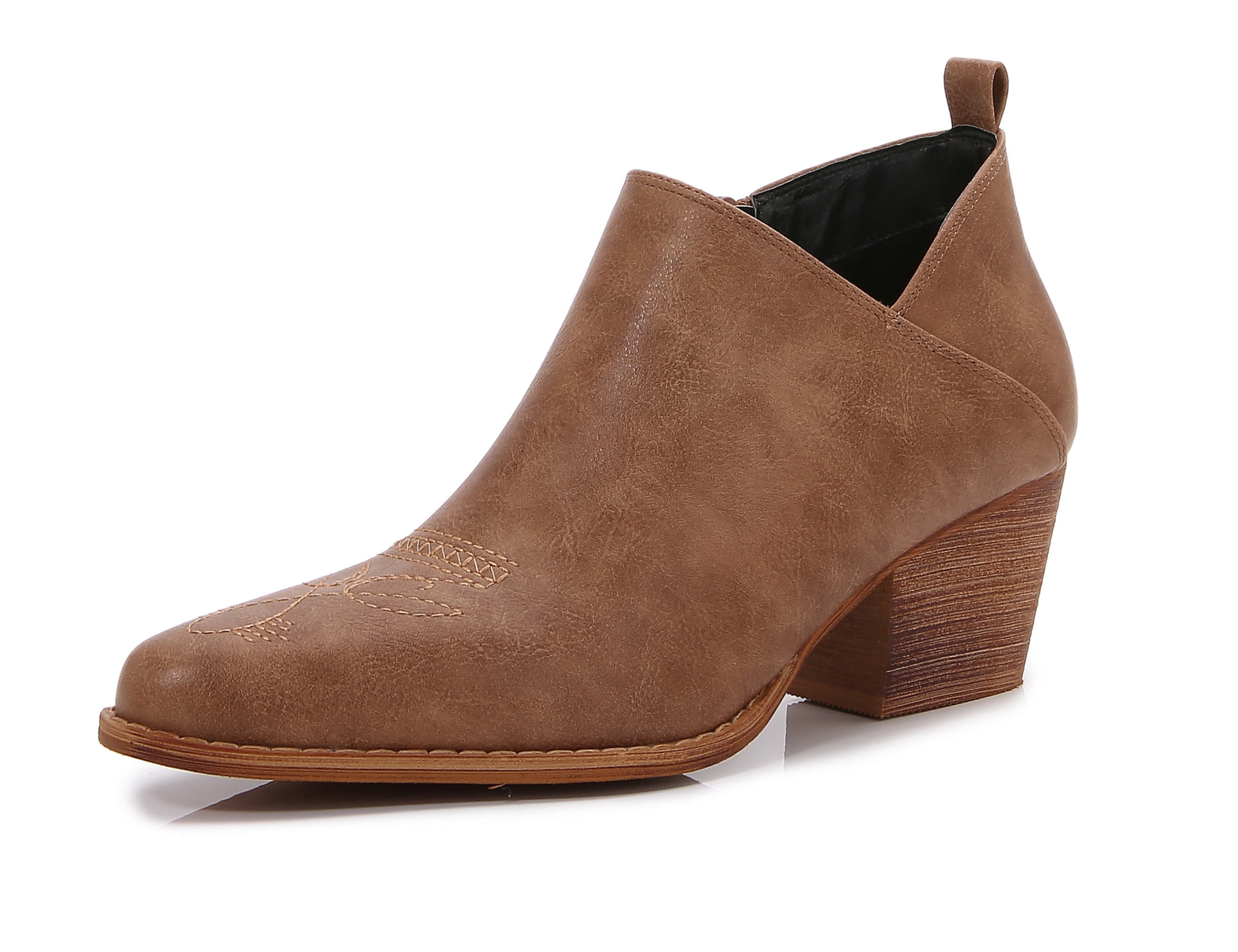 MM Women's embroidered Polyurethane Leather Wooden Heel Zippered Fashion Ankle Boots (Brown, 10)