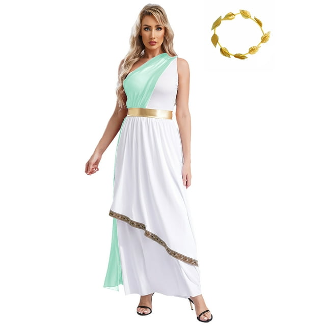 Jhaoyu Robe Cosplay Romaine Grecque Ancienne pour Femmes Costume de Performance d'Halloween une Épaule avec Couvre-Chef Vert Menthe 4TG