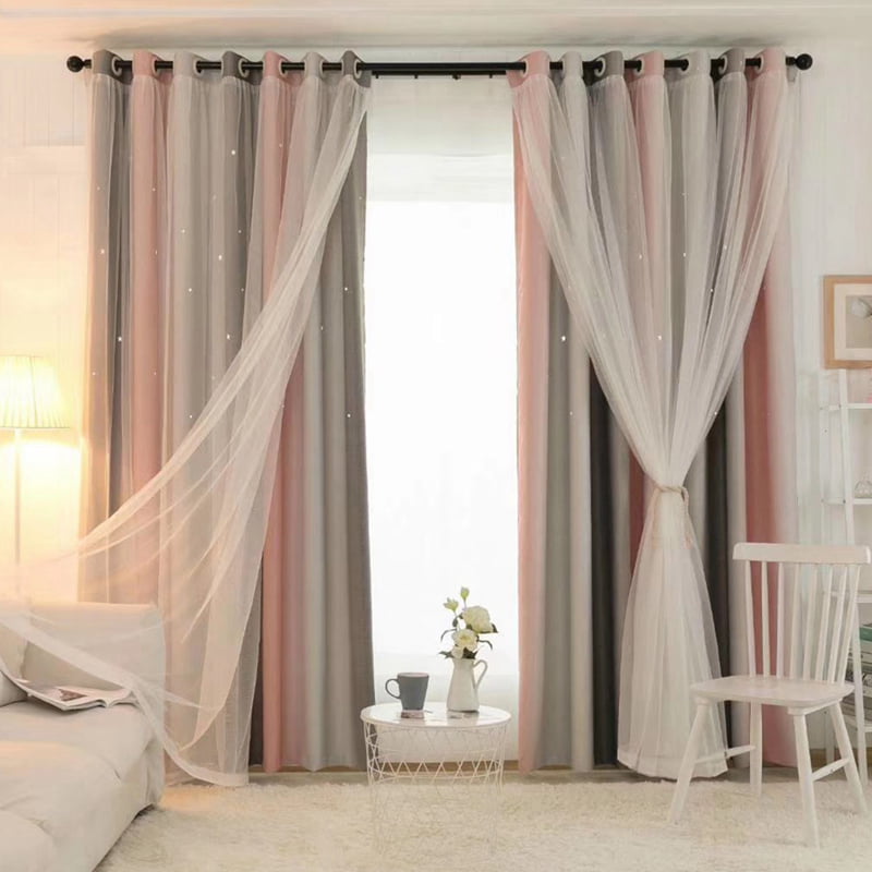 Star Blockout Curtains 2 Layer Eyelet Pure Fabric Room Darkening Home 39*79 Inch 