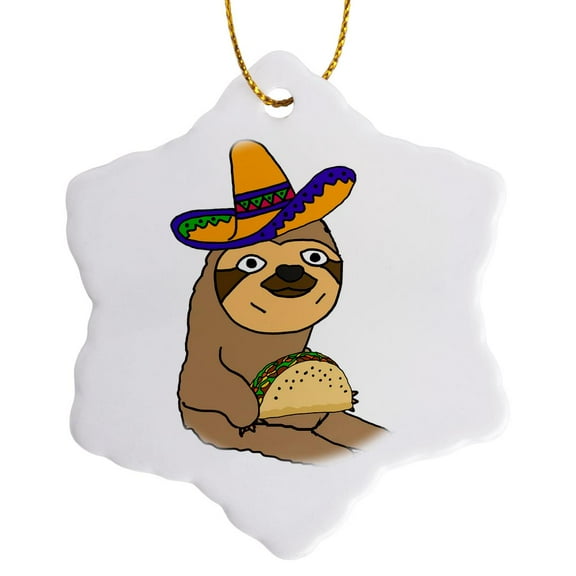 3drose, Amusing Cute Sloth Wearing Sombrero and Eating Taco Cartoon, 3 inch Snowflake Porcelain Ornament