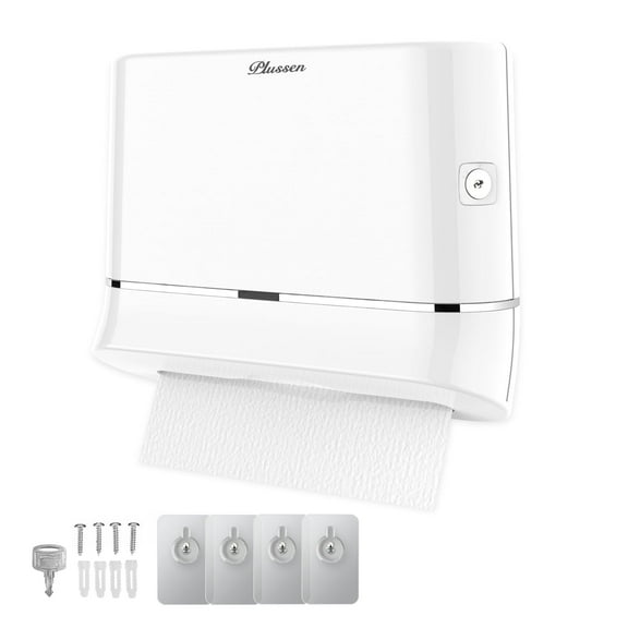 PLUSSEN Wall-Mounted Plastic Paper Towel Dispenser with Lock, Transparent, for Bathroom, Kitchen, Office, White