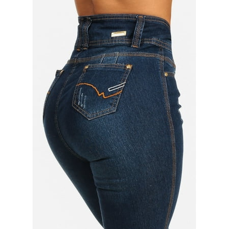 Womens Juniors Butt Lift Design High Waist Dark Wash Skinny Jeans