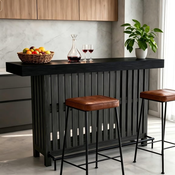 Modern Black   Gray Bar Table with 2-Tier Storage & Footrest, 63 Length