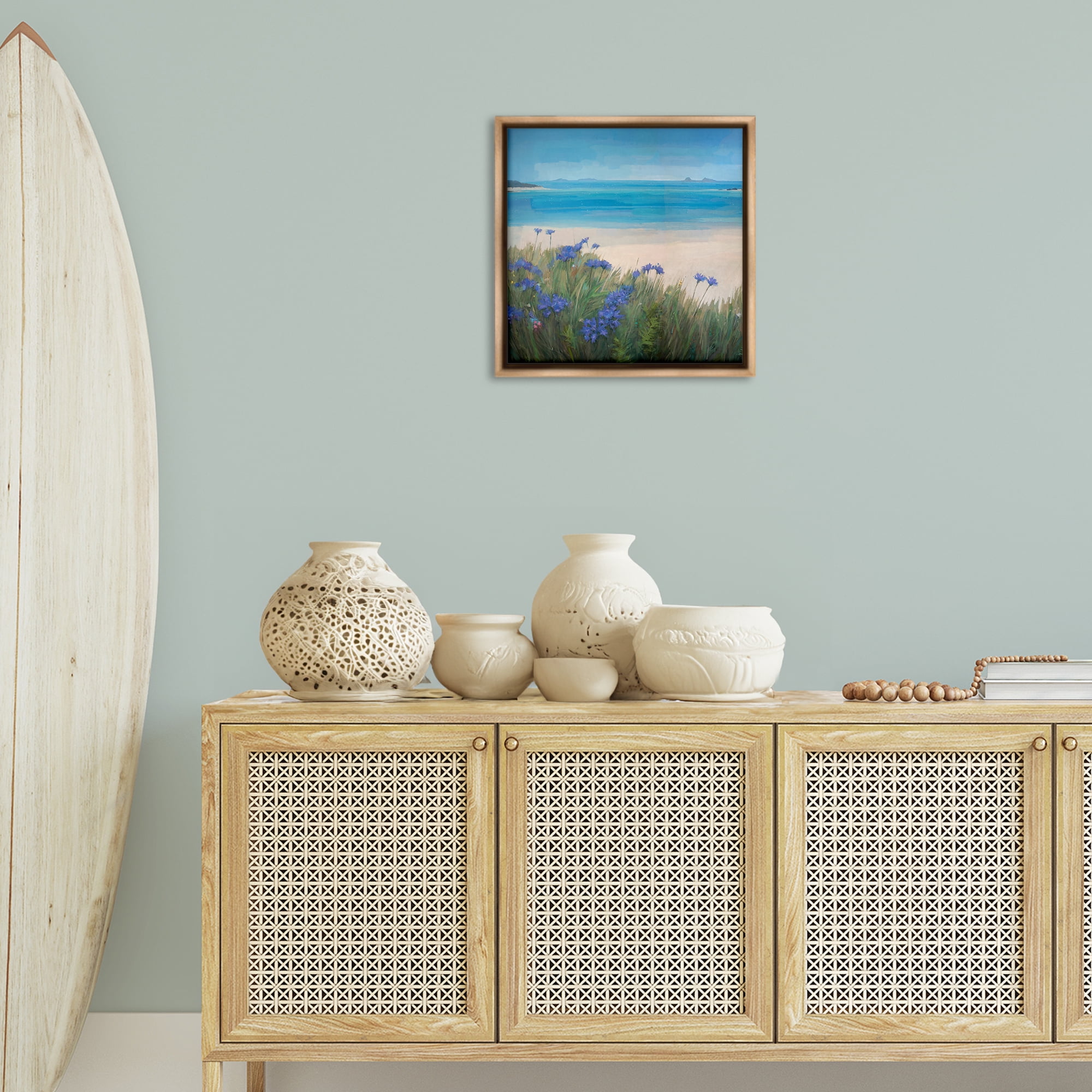 Stupell Industries Seaside Bluebell Flowers Landscape & Nature Painting Brown Floater Framed Canvas Art Print Wall Art, 18 x 18