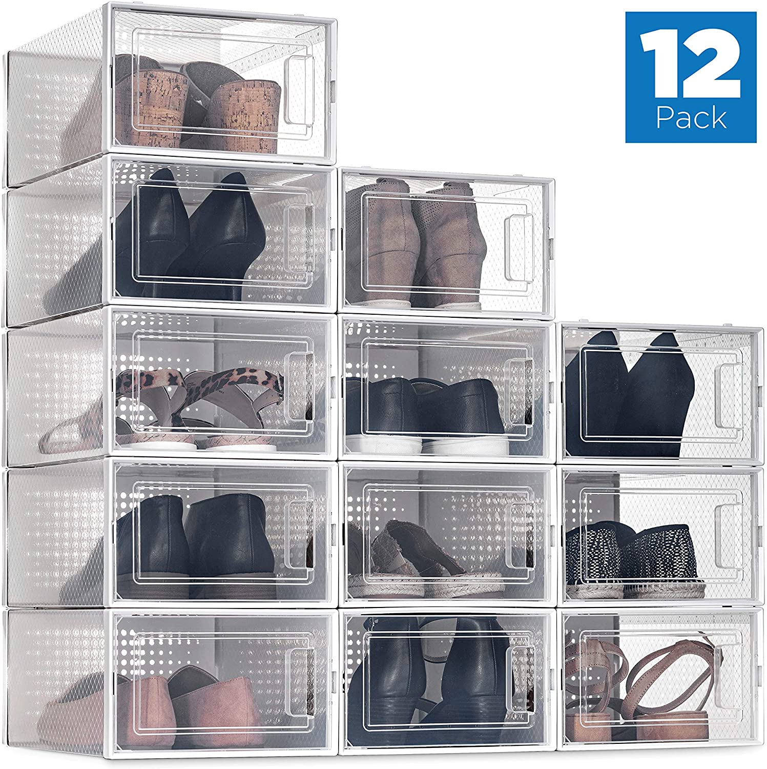 Shoe Organizer for Closet Space Saving Shoe Sneaker Containers Bins Holder Clear Plastic Stackable Shoe Boxes Black TUKKU 12 Pack Shoe Storage Boxes