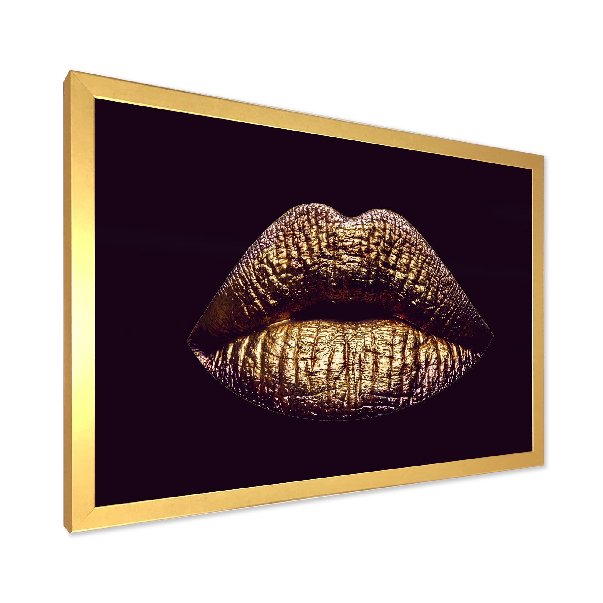 Designart 'Sexy Golden Metallized Woman Lips II' Modern Framed Art Print
