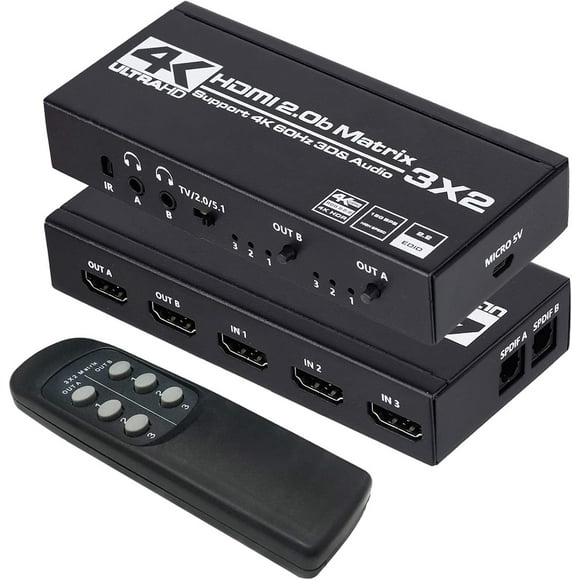 HDMI Matrix 3x2, KSRplayer 4K HDMI Matrix Switch 3 en 2 Salida Conmutador Divisor con Extractor EDID y Control Remoto por IR, Compatible con Ultra 4K HDR, 4Kx2K@60Hz, 3D/1080P, HDMI 2.0b, HDCP 2.2