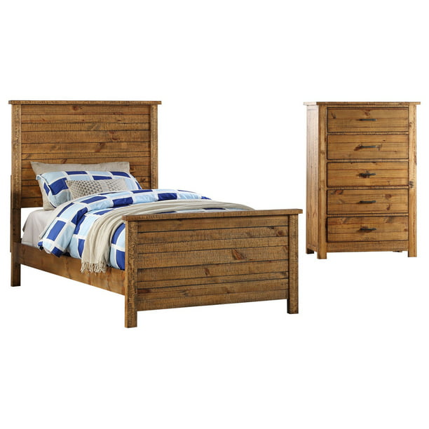 Madison 2 Piece Kids Bedroom Set Full Natural Wood Rustic Panel Bed Chest Walmart Com Walmart Com