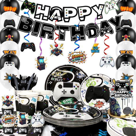 Game Birthday Decorations,159Pcs Game Party Decorations and Tableware Set-Game Party Plates Cups Napkins Tablecloth & Happy Birthday Game Banner Balloons etc Video Game Controller Party Supplies