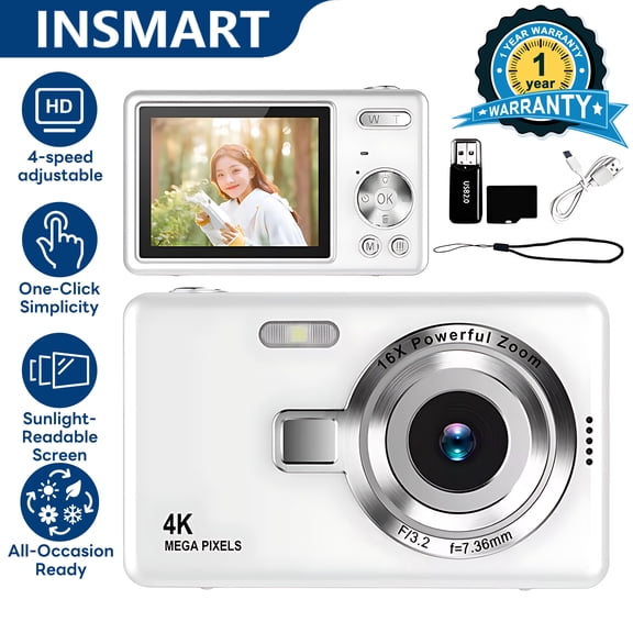 INSMART 4K Digital Camera, 64GB Card & Selfie - for Beginners, Students, Portable