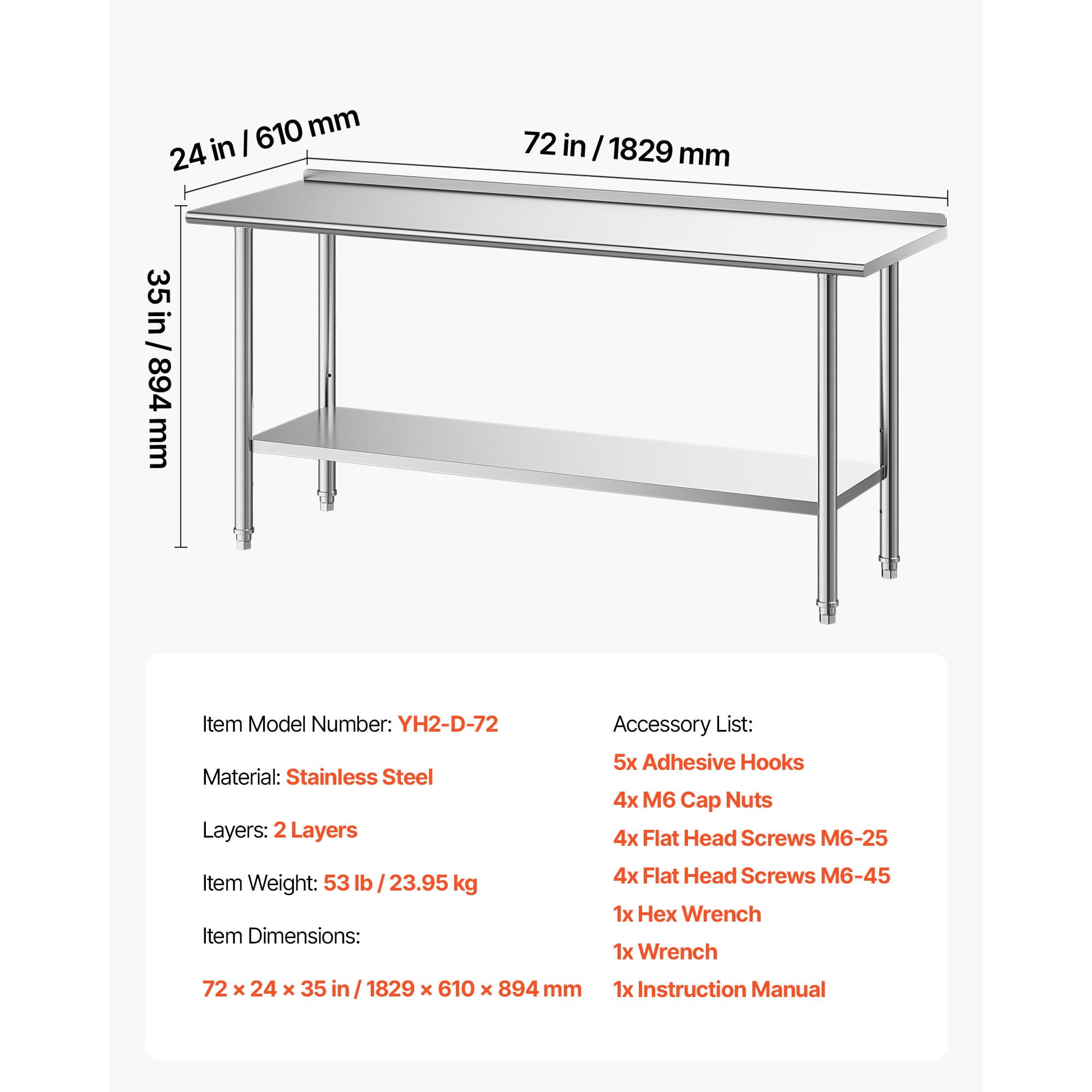 KFFKFF Stainless Steel Work Table, 24x72 Inch Food Prep Station with Backsplash, Commercial Kitchen Utility Table with Adjustable Undershelf, Durable Metal Workstation for Restaurant, or Outdoor Use