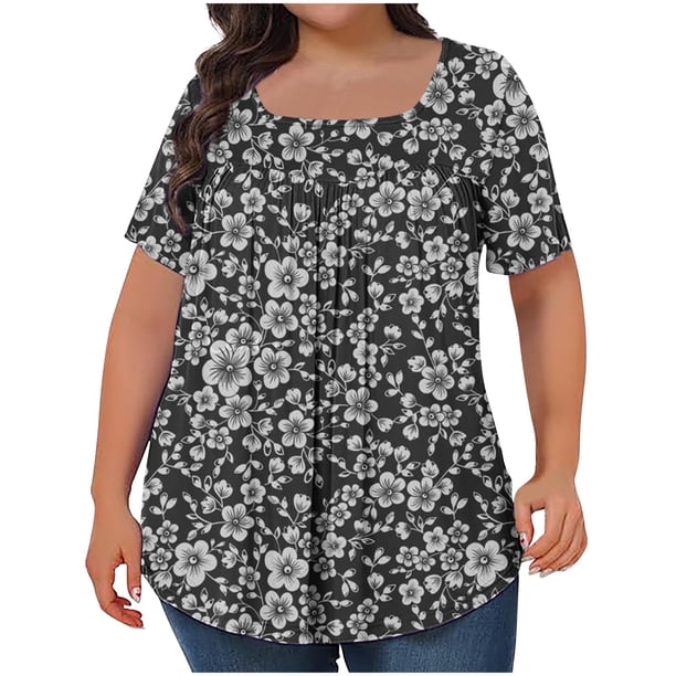 Tops Cortos para las Mujeres Impreso Cuello de Gran Tamaño Plisado Manga Corta Suelta Superior en Tamaños Más L-5xl