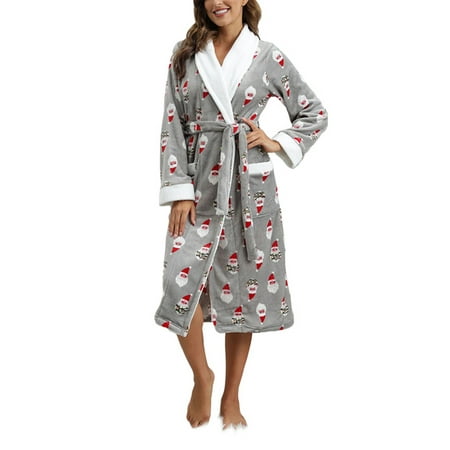 

Lumento Women Fleece Bathrobe Plush Long Robe Ladies Kimono Spa Knees Length Robes Nightgown For Christmas Wear