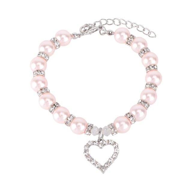 GOOHOCHY Collar para mascotas con colgante de corazón de cristal, collar para gatos y perros, joyería con perlas brillantes, talla S (rosa)