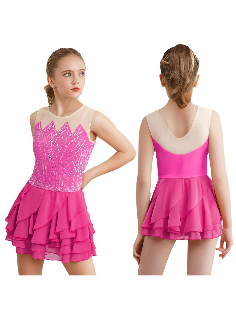 Doomiva Kids Girls Sparkly Figure Skating Dress Sleeveless Modern Ice Skating Dress for Dance Practice Training Hot Pink 16, Girl's