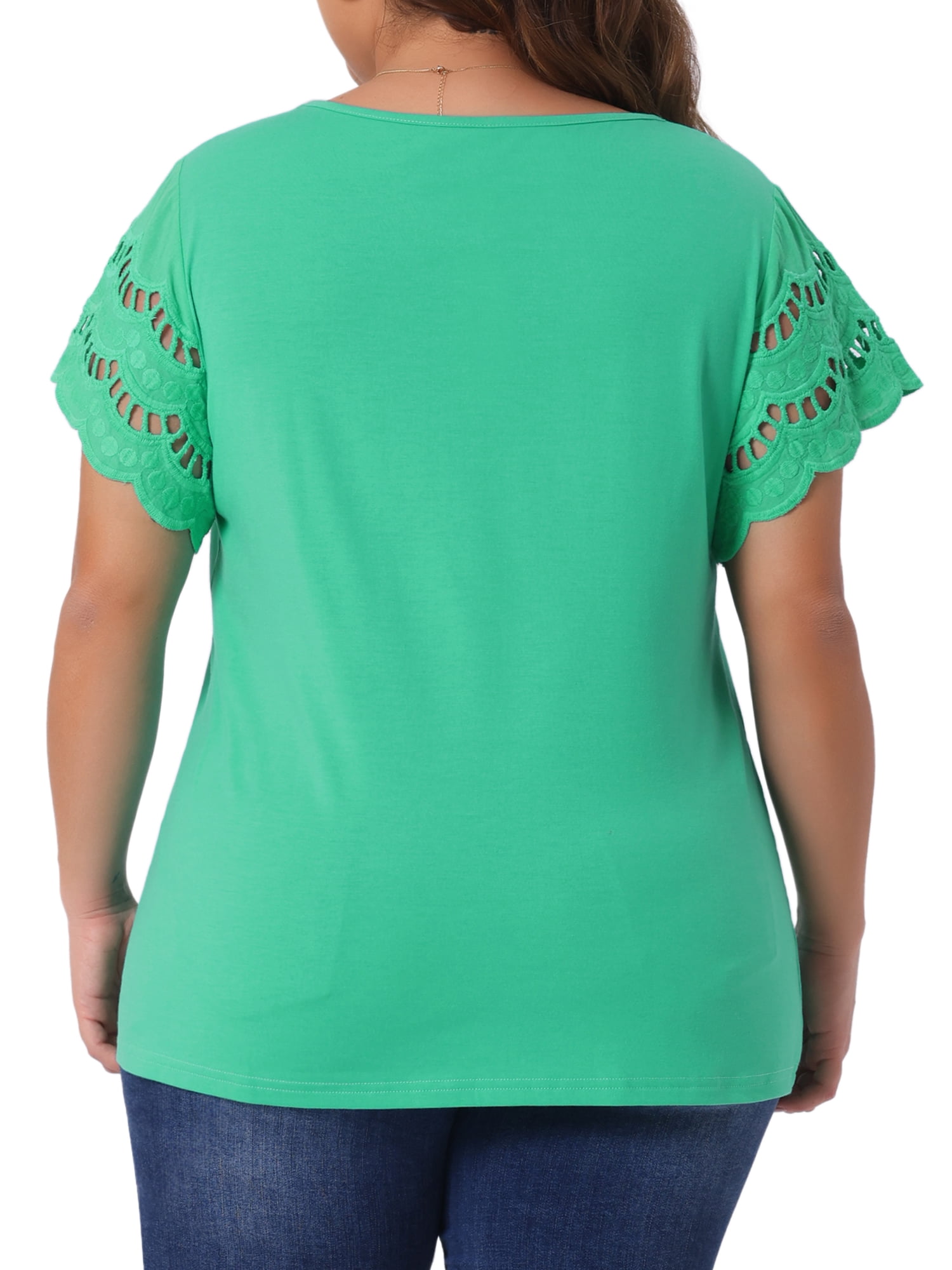 Unique Bargains Women's Plus Size Round Neck Lace Panel Blouses 4X Light Green