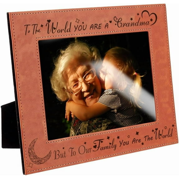 to World You are A Grandma But to Our Family You are The World Engraved Leather Picture Frame 5x7 inch Frame Brown Rectangle Hanging/Tabletop Photo Frame for Mom Grandma Birthday Gift